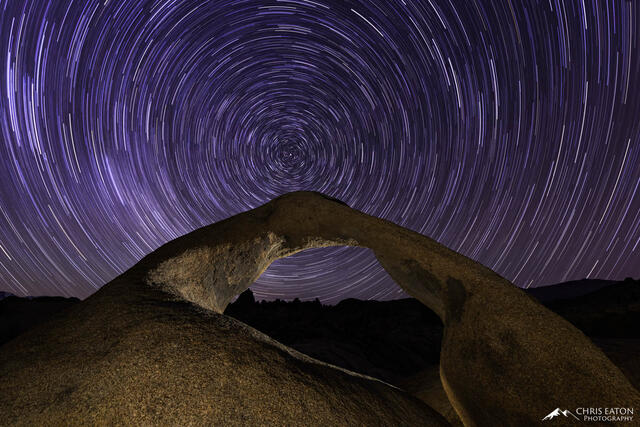 Star trails over Mobius Arch in the Alabama Hills of the Eastern Sierras.