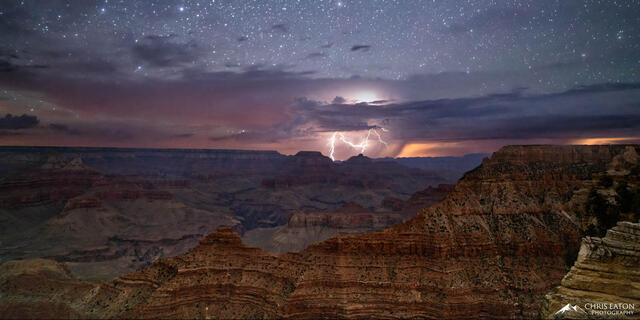 A distant midnight monsoon thunderstorm rumbles over the Grand Canyon.