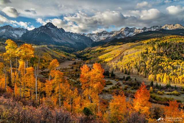 Sunrise on the fall color below the Mt. Sneffels Range in the San Juan Mountains of Colorado.
