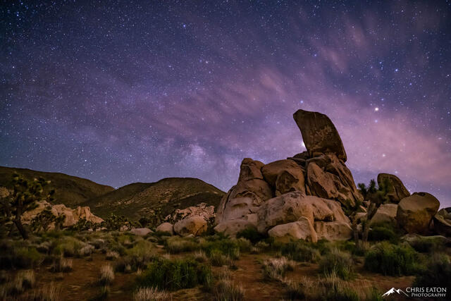 Tombstone Rock, in Joshua Tree National Park, sits atop a pile of monzogranite boulders.