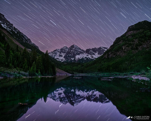 Star trails over the Maroon Bells.