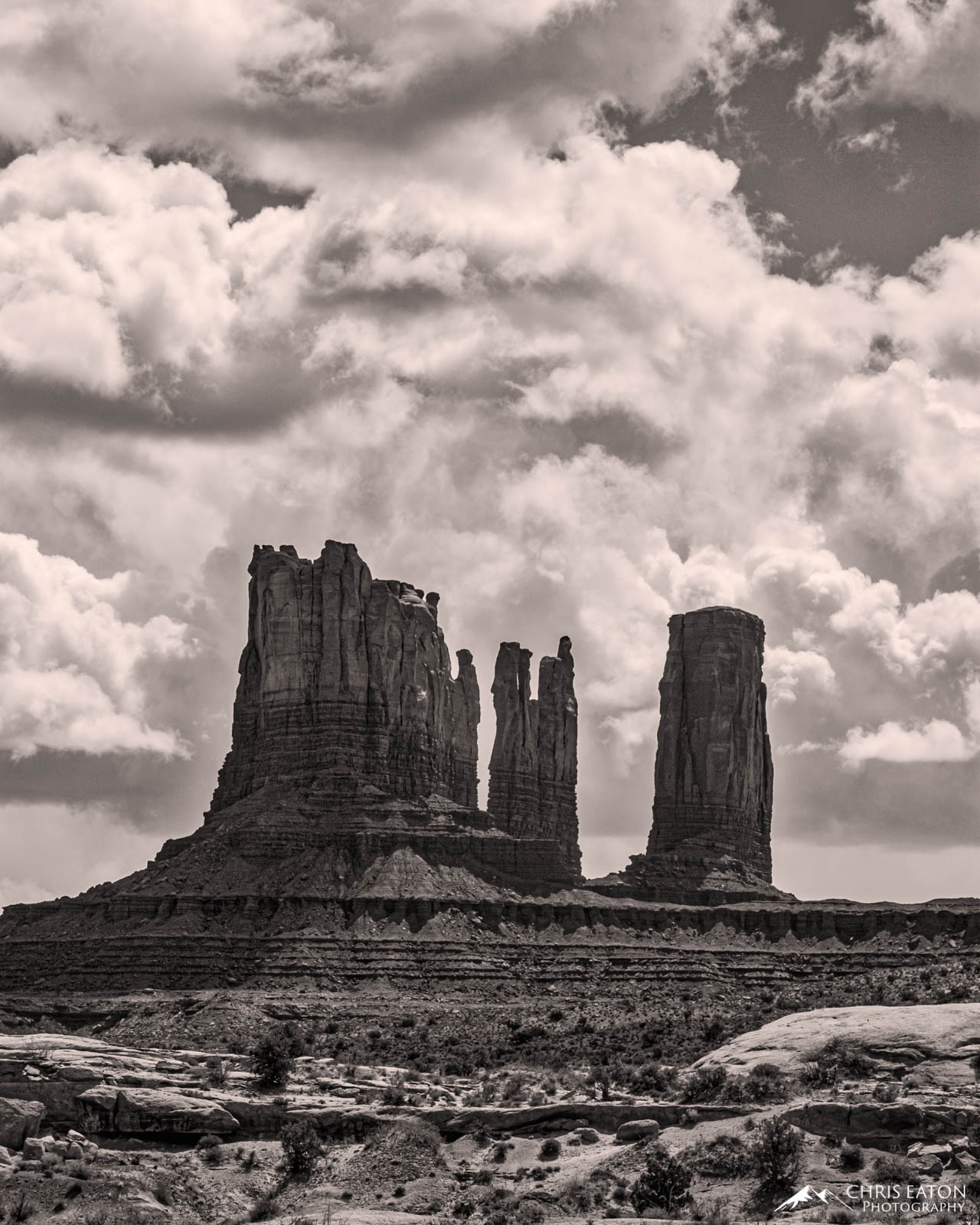 Stagecoach Butte, Bear Butte, and Rabbit and Castle Buute stand guard on the northern edge of Monument Valley.