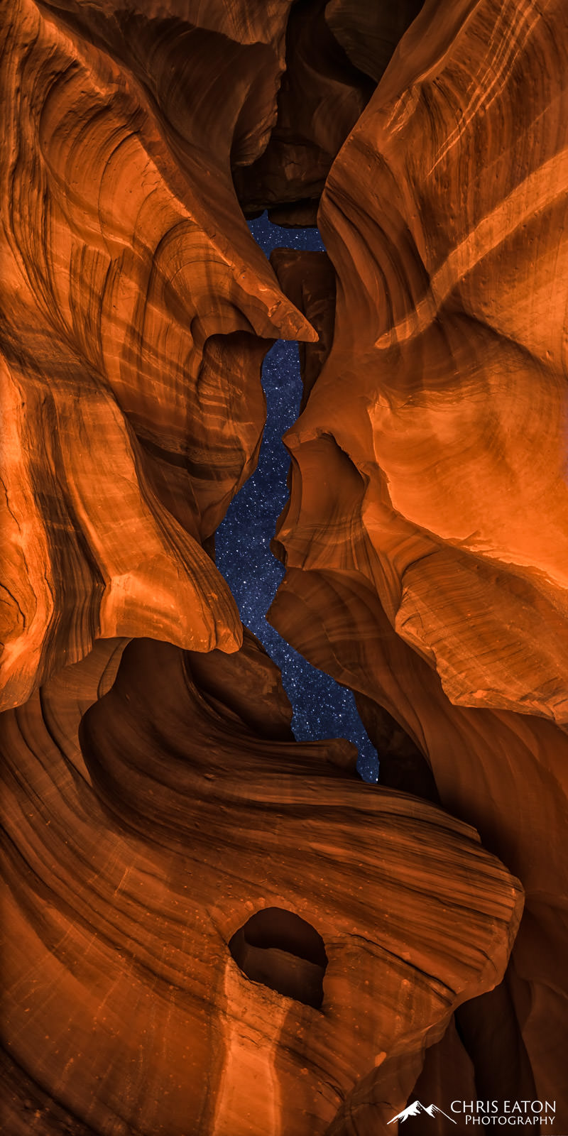 The Dragon Rises at Night A night sky full of stars as seen through the narrow opening of Antelope Canyon.