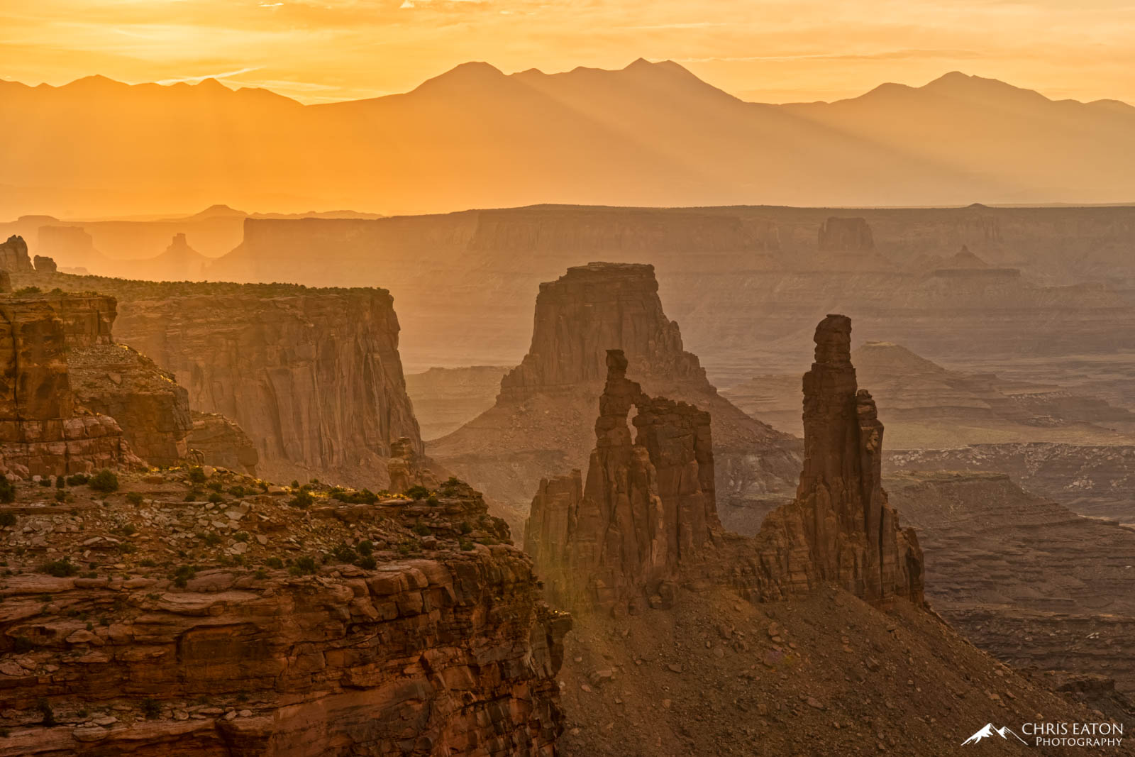 Washer Woman Arch and Monster Tower — fins of Wingate Sandstone below the Island in the Sky — are bathed with golden morning...