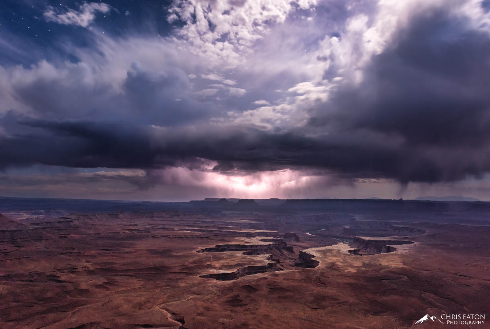 After sunset killed off the afternoon thunderstorms over the northern Canyonlands National Park, a lone storm popped up over...