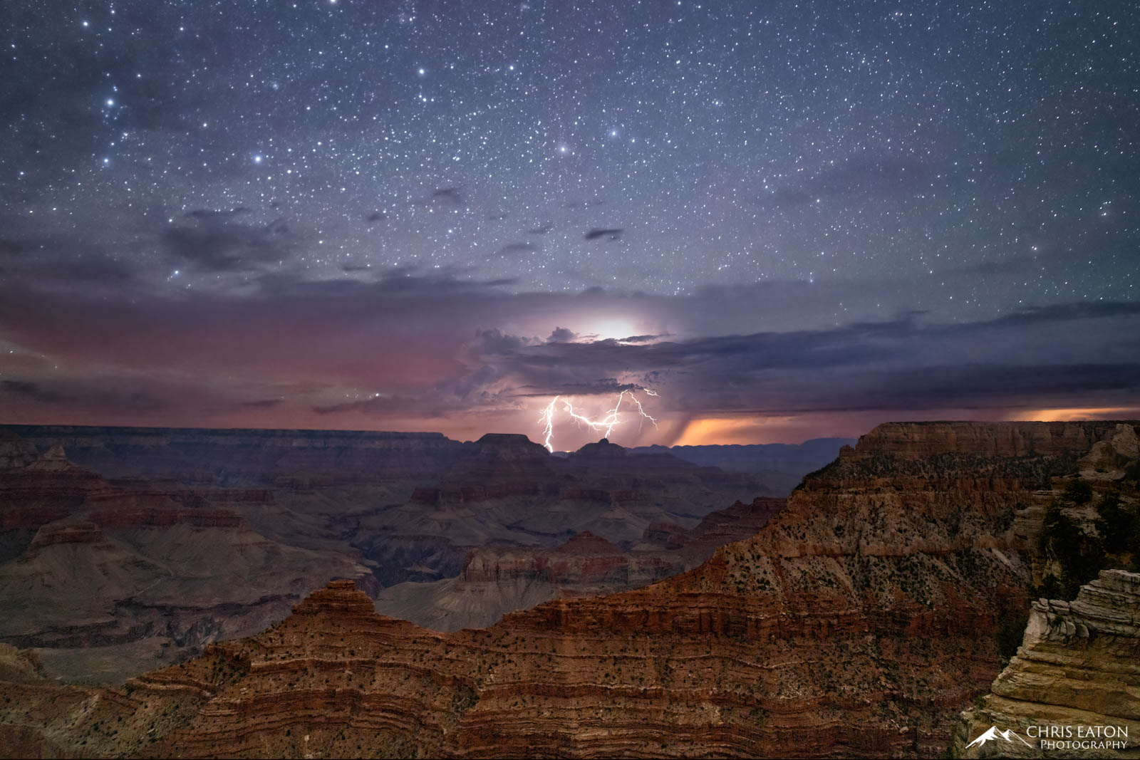Midnight Monsoon at Grand Canyon A distant midnight monsoon thunderstorm rumbles over the Grand Canyon.