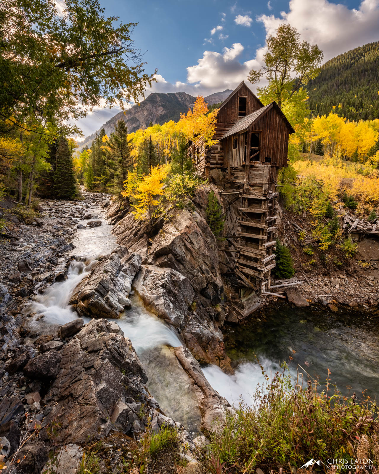 Fall Morning at Crystal Mill Fall color aspen trees along the Crystal River at Crystal Mill near Marble, Colorado.
