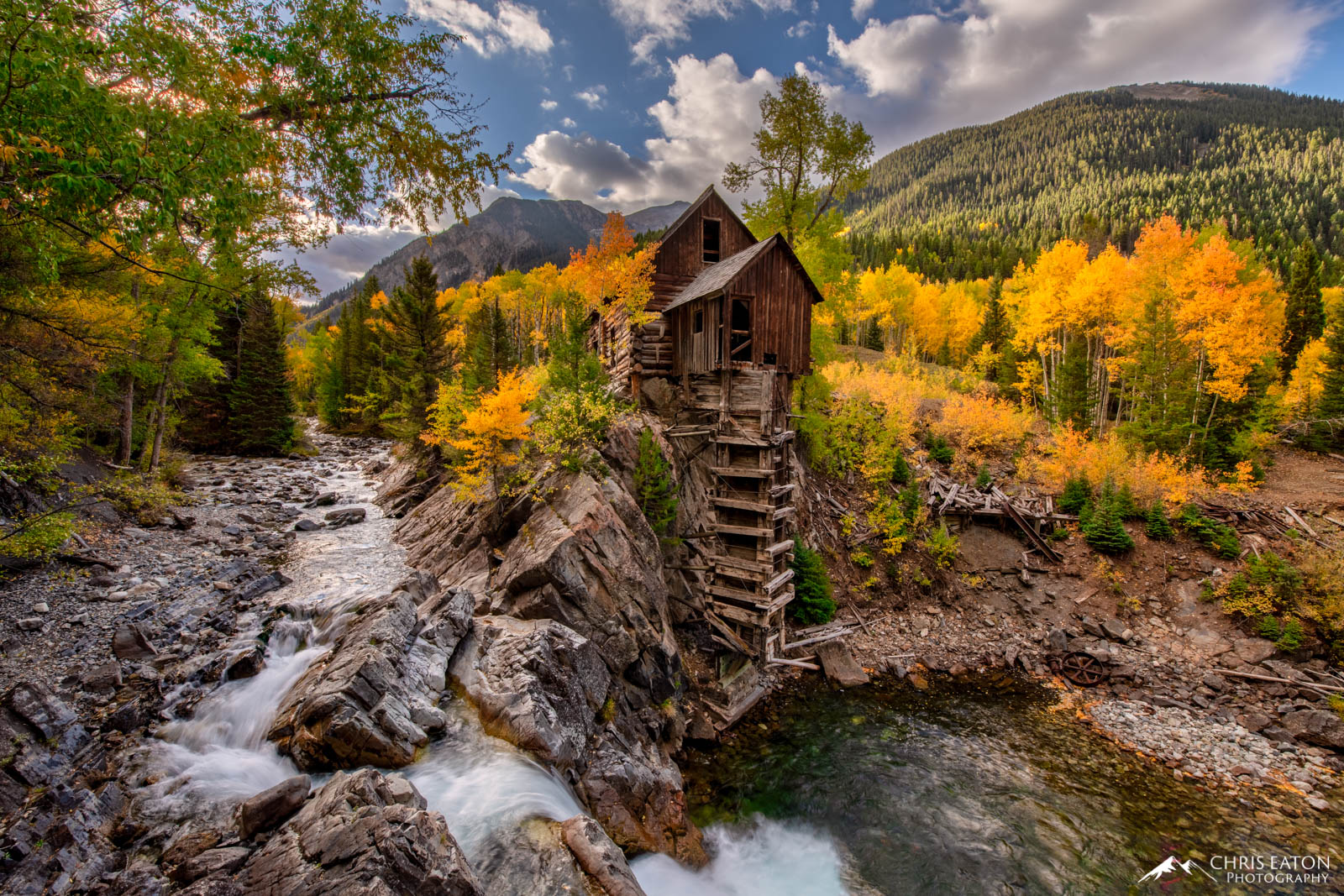 Autumn Day at Crystal Mill Fall color aspen trees along the Crystal River at Crystal Mill near Marble, Colorado.