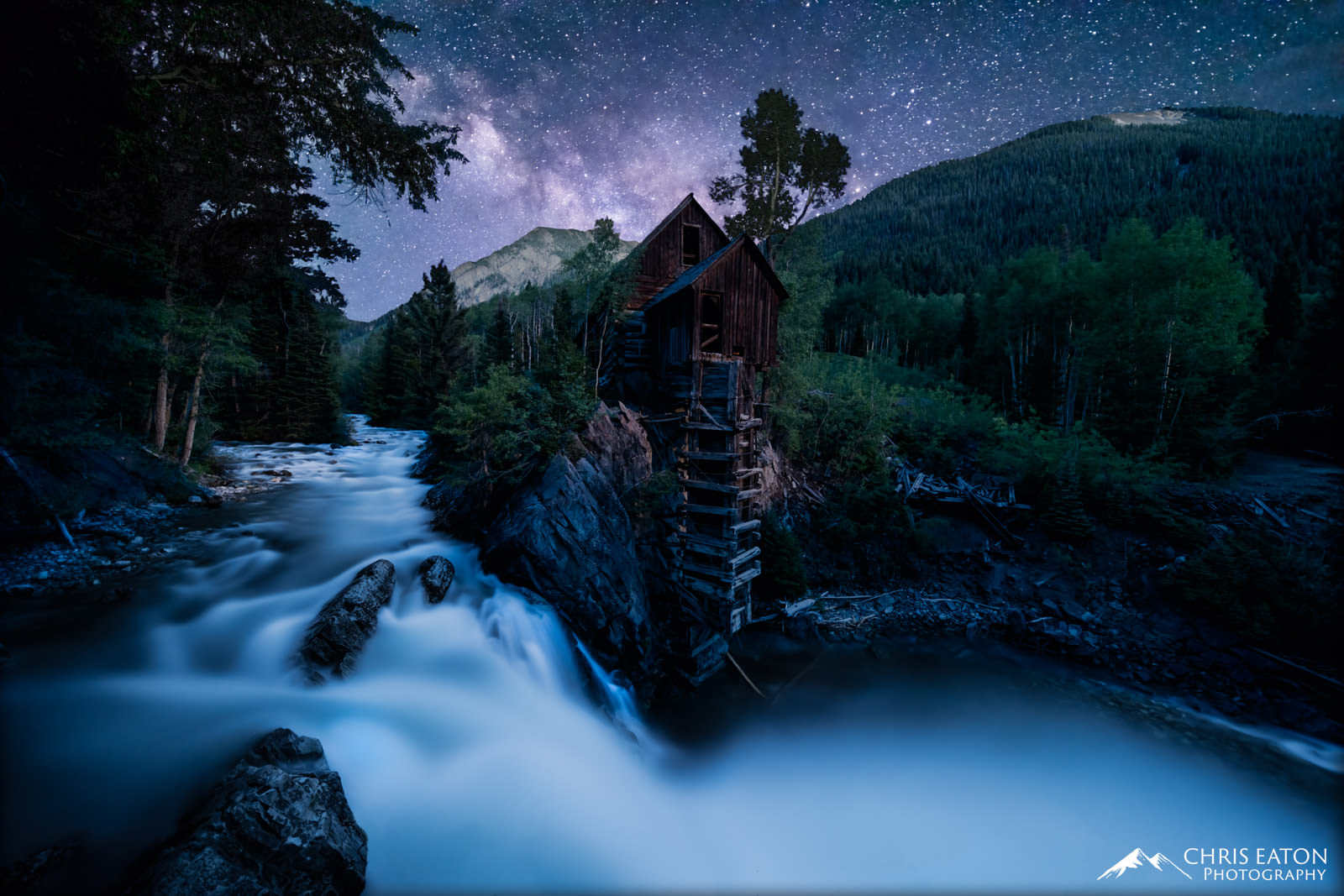 The Milky Way rises over Crystal Peak, Crystal Mill, and the Crystal River. Crystal Mill, built in 1892, is not an actual mill...